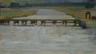 Robert William Hill,  British 1932-1990 -  Wooden Bridge Chenies;  oil on board, signed lower l...