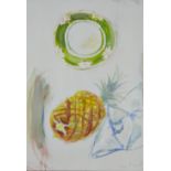 Chloë Cheese,  British b.1952 -  Pineapple and plate, 1999;  acrylic on canvas, signed and date...
