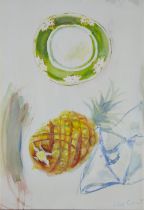 Chloë Cheese,  British b.1952 -  Pineapple and plate, 1999;  acrylic on canvas, signed and date...