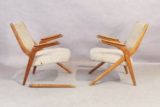 A pair of Danish oak x-framed armchairs, c.1950, upholstered in wool fabric, 80cm high, 58cm wide...
