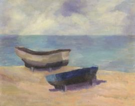 British School,  mid-late 20th century -  Two beached fishing boats;  oil on canvas, 32.5 x 40....