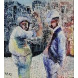 British School,  mid-late 20th century -  Two workmen by a terrace of houses;  oil on canvas, s...