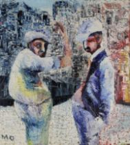 British School,  mid-late 20th century -  Two workmen by a terrace of houses;  oil on canvas, s...