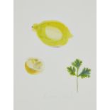 Chloë Cheese,  British b.1952 -  Lemons and Coriander;  watercolour on paper, titled lower cent...