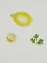 Chloë Cheese,  British b.1952 -  Lemons and Coriander;  watercolour on paper, titled lower cent...