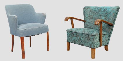 Manner of Frits Henningsen, a Danish armchair, c.1930/40, with blue fabric upholstery on walnut s...