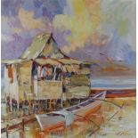 Roger San Miguel,  Filipino b.1940 -  Fisherman's hut, 1976;  oil on board, signed and dated lo...