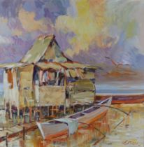 Roger San Miguel,  Filipino b.1940 -  Fisherman's hut, 1976;  oil on board, signed and dated lo...