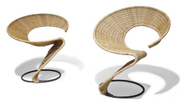 Francois Ligouri, two 'Zest' chairs, c.1988, welded steel, wicker seats, each approx. 75.5 cm hig...