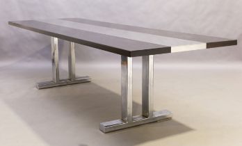 WITHDRAWN A contemporary veneered oak and chrome dining table, 73cm high, 274cm wide, 92cm deep