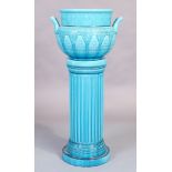 A Burmantofts faience turquoise glazed jardinière with stand, late 19th century, the jardinière o...
