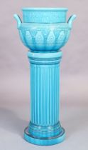 A Burmantofts faience turquoise glazed jardinière with stand, late 19th century, the jardinière o...