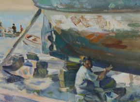 British School,  mid 20th century -  Fishermen repairing their boats;  oil on paper laid down o...