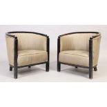 A pair of French Art Deco ebonised tub chairs, with stone linen upholstery, approx. 70 x 70 x 70c...