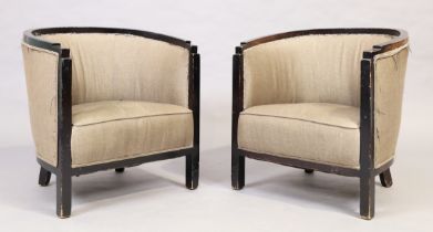 A pair of French Art Deco ebonised tub chairs, with stone linen upholstery, approx. 70 x 70 x 70c...