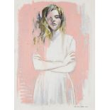 Mercedes Henwein,  Austrian b.1959 -  Girl in a white dress, 2014;  oil pastel and pencil on pa...