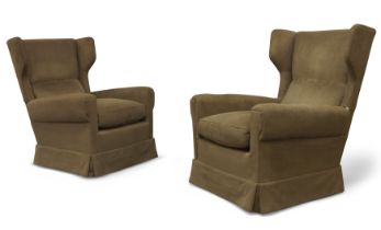 Attributed to Paolo Buffa (1903-1970), a pair of wingback lounge chairs, c.1950, green fabric, be...