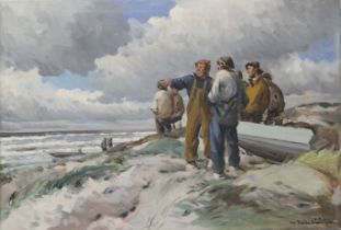 Christian Valentinusen,  Danish 1903-1985 -  Fishermen;  oil on canvas, signed lower right 'Val...