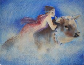 Adrian George,  British 1944-2021 -  Girl with bull, 1985;  oil pastel on paper, signed and dat...