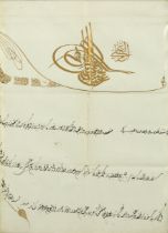 A firman of sultan 'Abd al-Majid II (R.18976-1909), 3 ll. of black diwani script under a possibly...