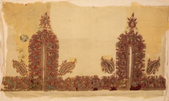Three figural embroidered wool panels, Sikh school, Kashmir, North India, circa 1850, from the si...