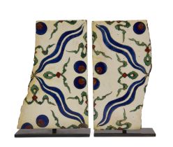Two Tekfur Saray Separate Fragmentary Square Pottery Tiles, Ottoman Turkey, mid 18th century, of ...