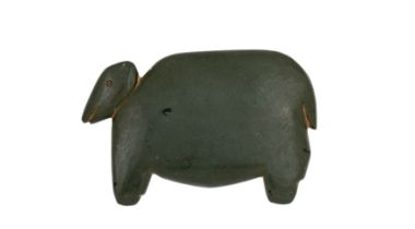 A green schist palette in the form of a stylised hippopotamus, Not Ancient, with large body, dimi...