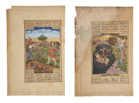 Two folios from a dispersed Shahnama, Delhi, North India, circa 1840, ink and opaque pigments on ...