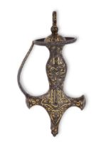 A calligraphic gold inlaid steel tulwar hilt with invocations to God, Muhammad and 'Ali, India, 1...