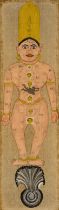 A tantric depiction of a deity, India, 20th century, opaque pigments on cloth, standing over a ni...