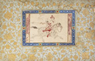 A Qajar painting of a horseman, signed Malek Hussain Isfahan, Isfahan, Iran, 19th century in a 18...