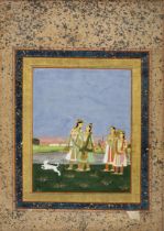 A noble couple out for a walk, Jaipur, Rajasthan, circa 1820, opaque pigments on paper heightened...