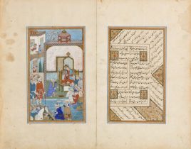 Two illustrated bifolios from a manuscript, Iran, early 20th century, ink and opaque pigments hei...