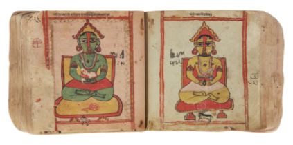 An illustrated Jain manuscript, 19th century or earlier, ink and opaque pigments on colored paper...