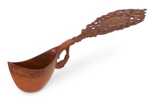 An inscribed pear-wood sherbert spoon (qashaq) with portrait of Nasir Al-Din Shah