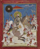 An Equestrian Portrait of Maharana Ram Singh II (r. 1828-66) in Parade, North India, Rajasthan, K...