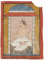 A seated deity, Bilaspur, North India, circa 1720, Opaque pigments heightened with gold on paper,...