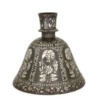 A Bidri huqqa base, Bidar, Deccan, India, 18th century, the bell-shaped body with bold floral spr...