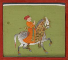 An equestrian portrait of a ruler, Mewar, North India, 19th century, opaque pigments on paper hei...