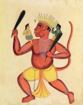 Hanuman, Kalighat, Bengal, India, late 19th/early 20th century, opaque and transparent pigments o...