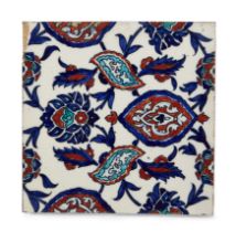 A Square Iznik Style Pottery Tile, Ulisse Cantagalli, Florence, Italy, 19th century, its central...