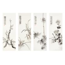 A set of four Chinese embroidered panels of 'four noble ones' 20th century Embroidered with bam...