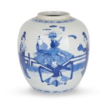 A Chinese blue and white 'lady and boy' jar Qing dynasty, 19th century The jar of globular form...