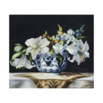 A Vietnamese modern embroidery Lilies in a Bowl Embroidered naturalistically in polychrome cott...