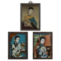 Three Chinese reverse-glass painted portraits of beauties Republic period The first holding a P...