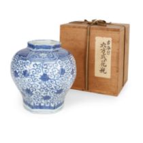 A Chinese blue and white 'lotus' hexagonal jar, guan Ming dynasty, 16th century Painted on the ...