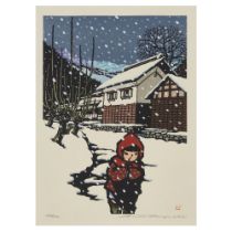 Ko Sekiguchi (1937-2018) Three Japanese woodblock prints depicting a girl wearing red hooded jac...