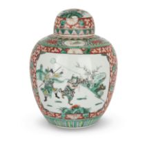 A Chinese famille verte jar and cover Qing dynasty, 19th century Painted with two panels depict...