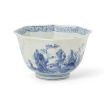 A Japanese blue and white octagonal 'landscape' bowl 19th century, apocryphal Chenghua mark Ris...