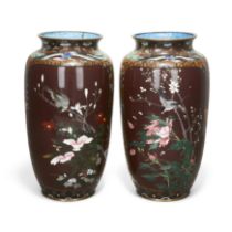 A pair of Japanese cloisonné-enamel baluster jars Meiji period Decorated with magpies perching ...